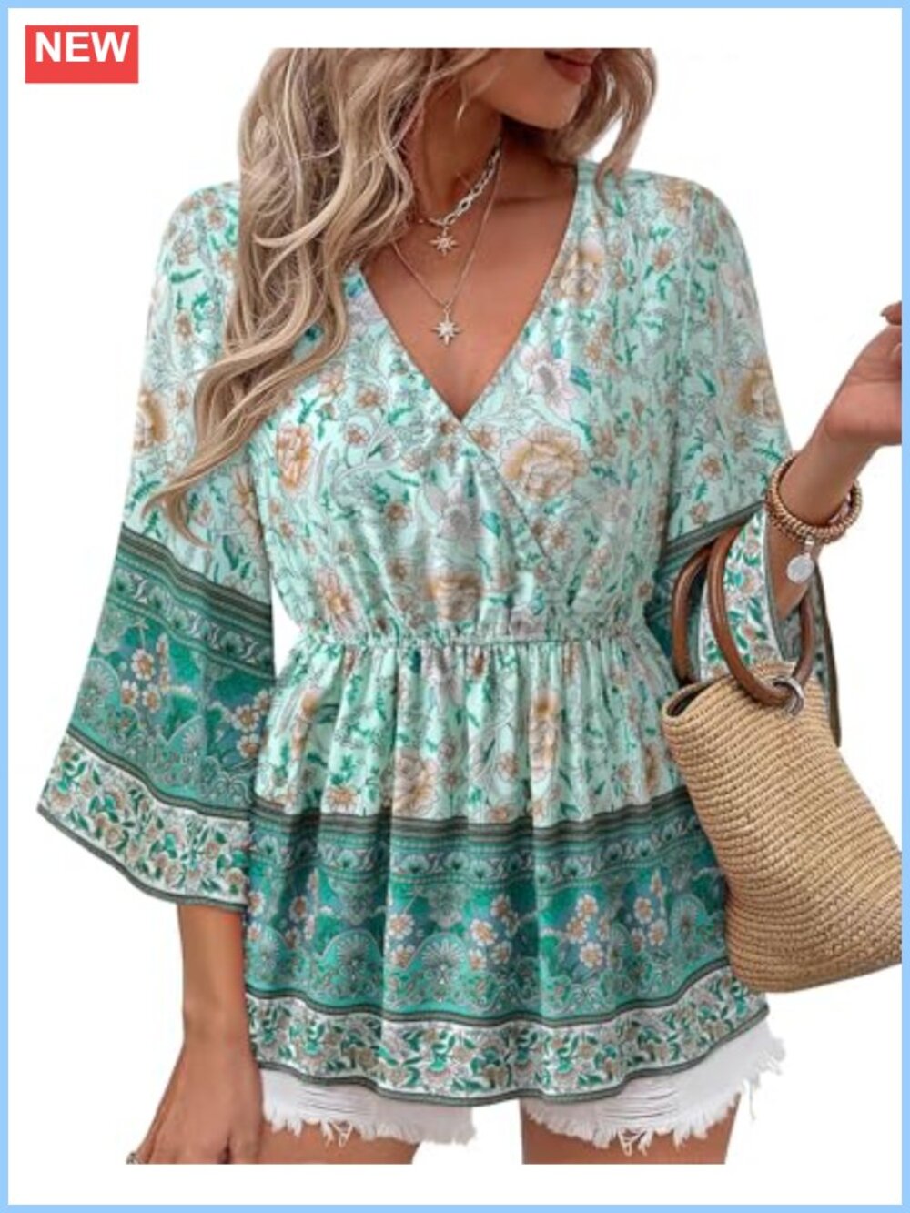 Womens 3/4 Sleeve V Neck Boho Peplum Blouse Elastic Waist Tunic Top